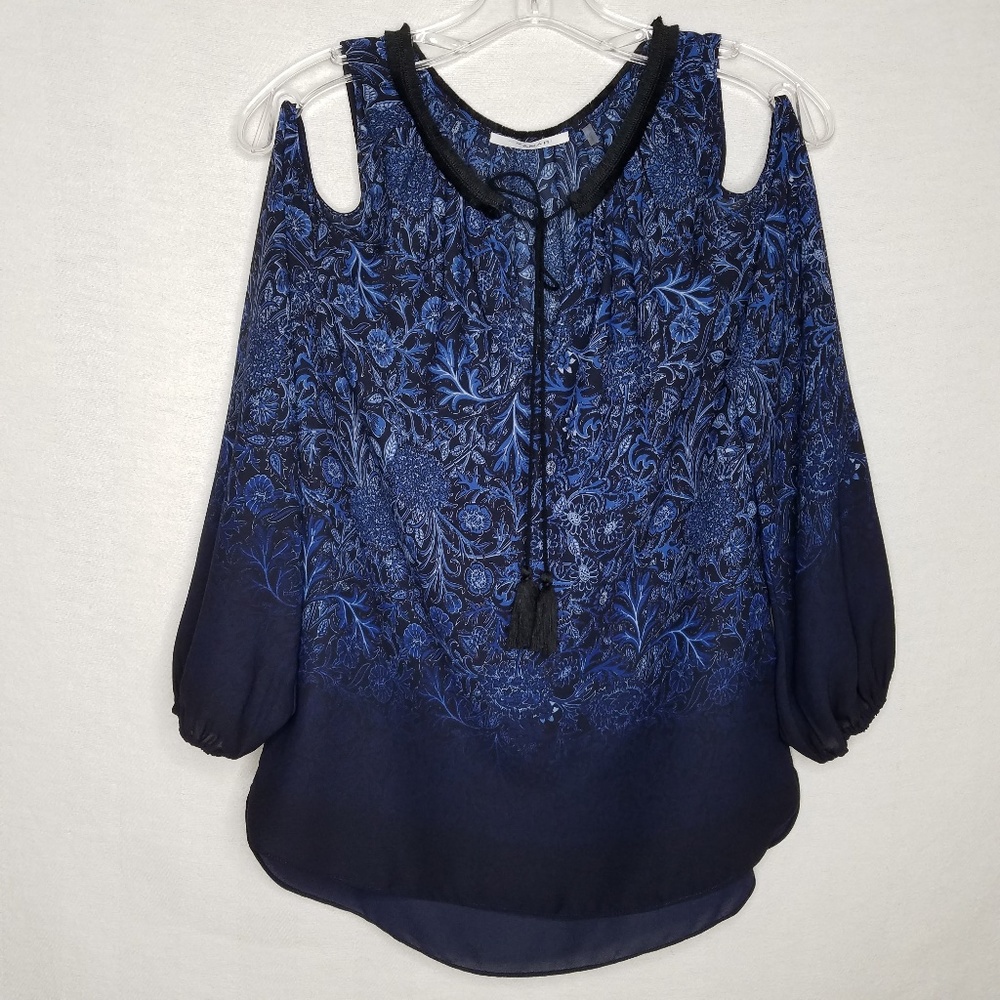 T Tahari Lesley Cold Shoulder Blouse Floral Tassel